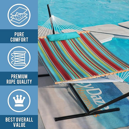 Lazy Daze Hammocks 12 FT Quilted Fabric Double Hammock with Spreader Bars and Detachable Pillow, 450lbs Weight Capacity