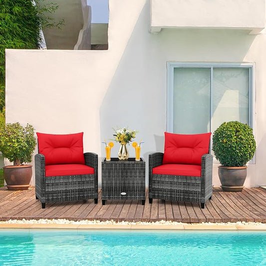RELAX4LIFE Wicker Patio Furniture Sets - 3 Pieces Rattan Sofa Set, Outdoor Conversation Set with Tempered Glass Tabletop, Heavy-Duty Steel Frame, Wicker Chair Set for Poolside, Backyard (Grey-Red)