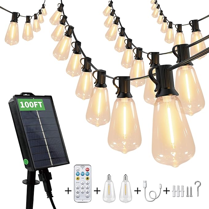 Solar String Lights Outdoor Waterproof, 100FT Solar Powered Outdoor Lights with Remote, 52 Shatterproof with Edison Bulbs, LED String SolarLights for Garden, Backyard, Parties
