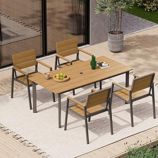 67" Rectangle HDPS Patio Dining Table, Aluminum Outdoor Patio Dining Table with Umbrella Hole, Weather-Resistant for Lawn, Garden, Yard, Poolside and Indoor Use, Gray & Teak