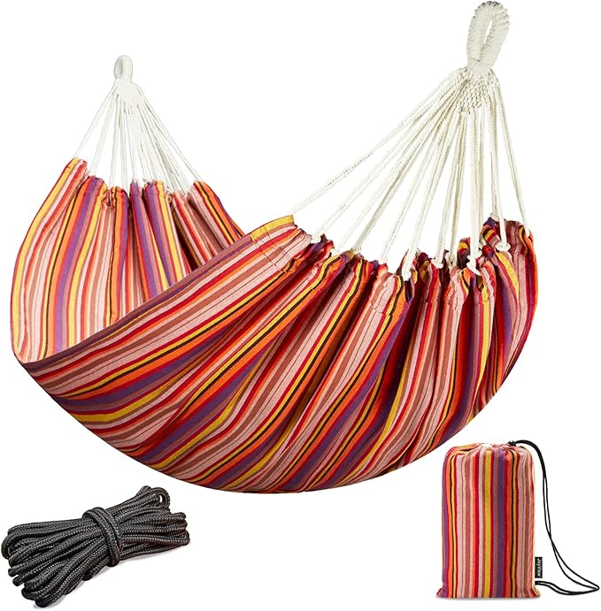 JoyView Brazilian Double Hammock with Hanging Ropes Extra Large 86.6x59” Portable Cotton Hammock for Patio Backyard Porch 450LBS Weight Capacity Perfect for Outdoor/Indoor - Red Stripes