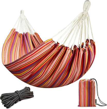 JoyView Brazilian Double Hammock with Hanging Ropes Extra Large 86.6x59” Portable Cotton Hammock for Patio Backyard Porch 450LBS Weight Capacity Perfect for Outdoor/Indoor - Red Stripes