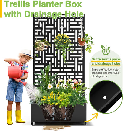 FENCY Metal Raised Garden Bed with Wheels and Trellis,73"x35"x16" Planter Box for Climbing Plants, Vegetables & Vines, Features Privacy Screen and Drainage Holes (Black-Geometric Lattice)