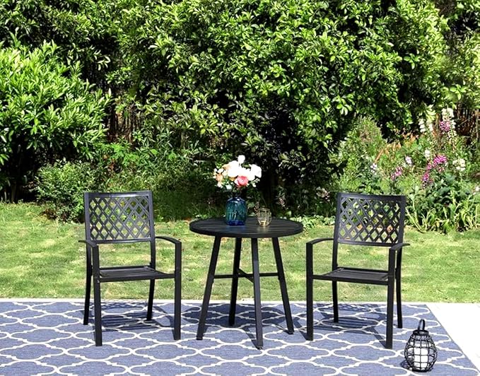 PHI VILLA 3 Piece Outdoor Bistro Dining Set, Metal Steel Round Table & Stacking Iron Chairs, Small Furniture Conversation Set for Porch, Deck, Balcony,Patio