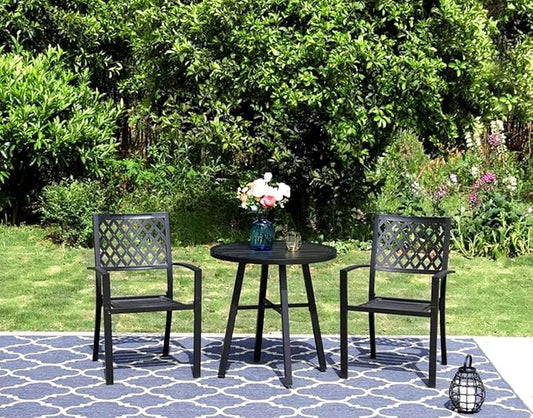 PHI VILLA 3 Piece Outdoor Bistro Dining Set, Metal Steel Round Table & Stacking Iron Chairs, Small Furniture Conversation Set for Porch, Deck, Balcony,Patio