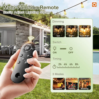addlon 33(27+6) FT Solar String Lights Waterproof,Patio Light Solar Powered with Remote& USB Port 9+1 LED Shatterproof Bulbs 3 Lighting Modes Outdoor for Camping Backyard Garden