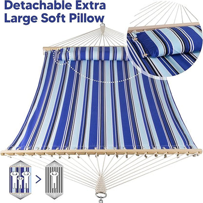 SUNCREAT Hammocks Quilted Fabric Hammock, Double Hammock with Spreader Bar, Soft Pillow, Max 475lbs Capacity, Blue Stripes