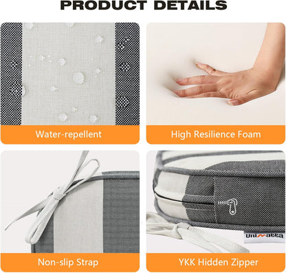 Round Corner Seat Cushions, 17" x 16" x 2", Set of 4, Indoor Outdoor Water Repellent Universal Chair Pads with Ties for Patio Furniture, Garden Deck Dining Chairs, Gray Stripe