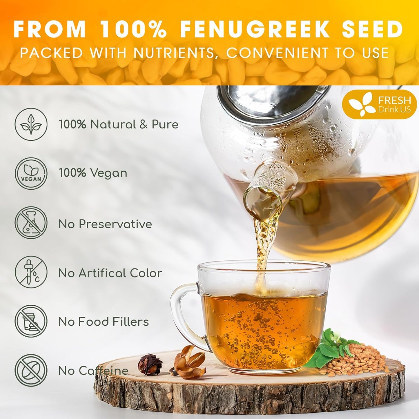 FreshDrinkUS, Premium 120 Fenugreek Tea Bags, 100% Natural & Pure from Fenugreek. Fenugreek Herbal Tea. Made with Natural Material Tea Bags. No Sugar, No Caffeine, No Gluten, Vegan.