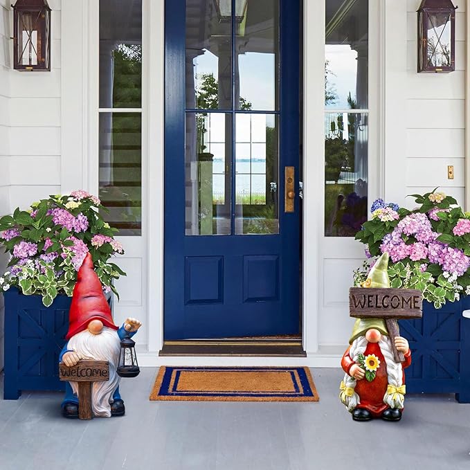 22" Solar Large Gnome Garden Statue Big Gnome with Welcome Sign Outdoor Decor with LED Lantern Home Porch Yard Patio Lawn Ornament Christmas Housewarming Gardening Gift