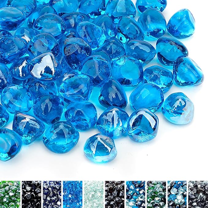 Skyflame 10-Pound Fire Glass Diamonds for Fire Pit Fireplace Landscaping, 1/2 Inch Reflective Glass Fire-Diamonds, Caribbean Blue