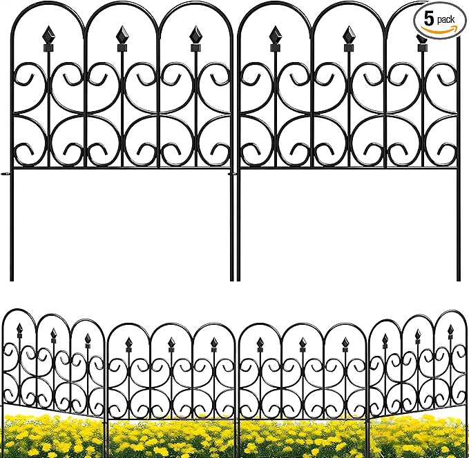 AMAGABELI GARDEN & HOME 5 Panels 32in(H)×10ft(L) Decorative Garden Fences and Borders for Dogs No Dig Rustproof Metal Fence Panels Garden Edging Border Animal Barrier Fencing for Flower Beds Black