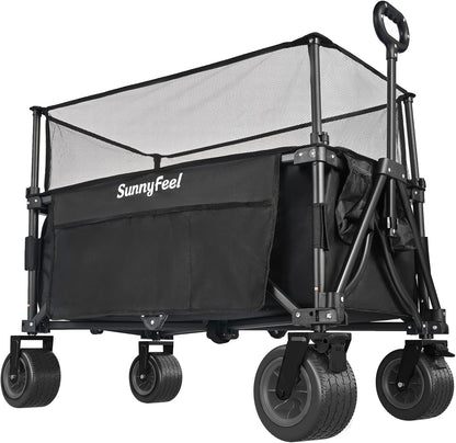 SUNNYFEEL Heavy Duty Collapsible Outdoor Utility Wagon Cart 500LB Capacity Adjustable Handlebar,Foldable Beach Wheels Stable Durable Oxford Fabric for Shopping Garden Camping (Black, Tall Version)