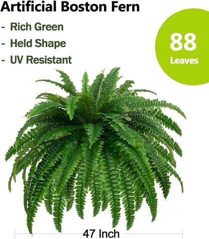 GYERB Large Fake Boston Ferns, 88 Branches Artificial Ferns, Faux Fern Plants for Home, Office, Garden Indoor Outdoor Decoration(48 inch,1pack)