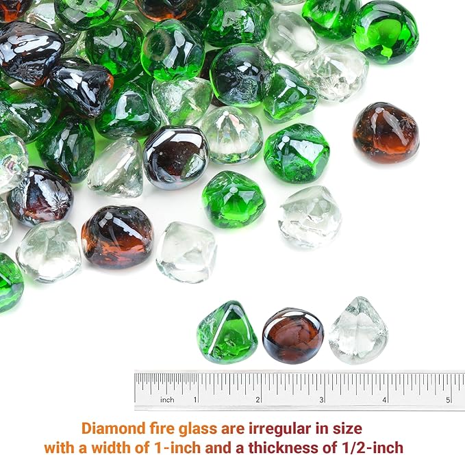 Skyflame 10-Pound Blended Fire Glass Diamonds for Fire Pit Fireplace Landscaping, 1/2 Inch Emerald Green, Crystal Ice, Amber Luster