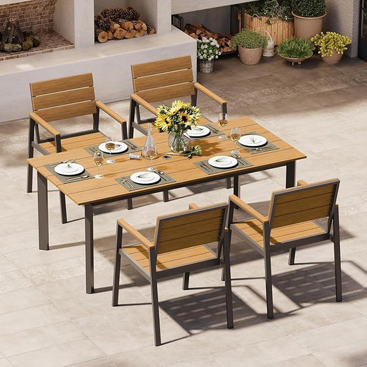 Outdoor Dining Set for 4, Patio Table and Chairs Set with Umbrella Hole, 5 Pieces HDPS Outdoor Furniture Sets for Garden, Backyard (Gray & Teak)