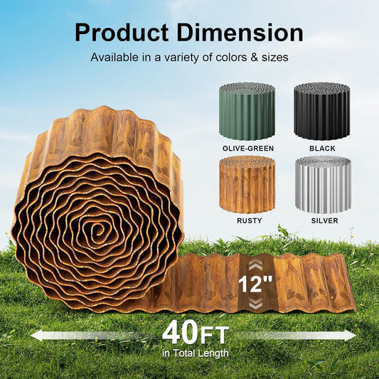 Land Guard Corrugated Garden Edging Border,12" x 40' Landscape Paver Edging, Tall Landscape Edging, Fence for Garden, Flower Bed, Lawn and Landscape Edging (Rusty)