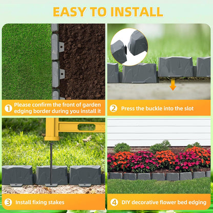 8Pcs Landscape Edging with 24 Pieces 8-Inch Spikes | for Flower Beds, Tree Rings, Pathways | Garden Edging Border Stone 12" Long, 3-Inch Tall,Faux Stone Edging for Landscaping (12FT)