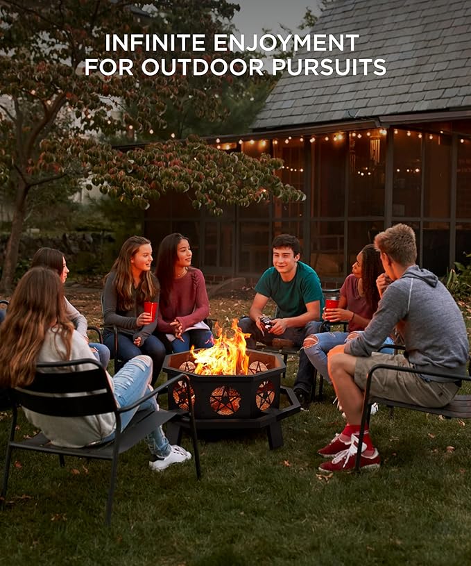 43 inch Fire Pit, Outdoor Fire Pits with Cooking Grill, Wood Burning Fire Pits for Outside, Octagonal Heavy Duty Large Firepit with Poker for Bonfire, Backyard, Camping, Patio, Picnic