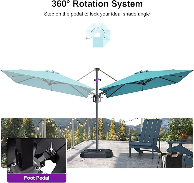 PURPLE LEAF 8' X 8' Left-right Tilting Patio Umbrella Outdoor Cantilever Swivel Square Umbrella Aluminum Offset Umbrella with 360-degree Rotation for Garden Deck Pool Patio Turquoise Blue