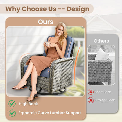 HOOOWOOO Patio Furniture Set,3 Pieces Outdoor Conversation Set,All Weather Wicker High Back Swivel Chairs Bistro Set with Side Table,Denim Blue