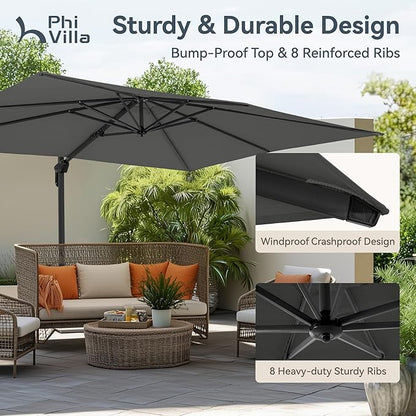 PHI VILLA 9'x12' Outdoor Patio Deck Umbrella with Base. 360° Rotation & 6-Level Tilt with Easy Crank Handle. Rectangle Offset Cantilever Umbrella Heavy Duty for Garden Poolside Backyard (Grey)