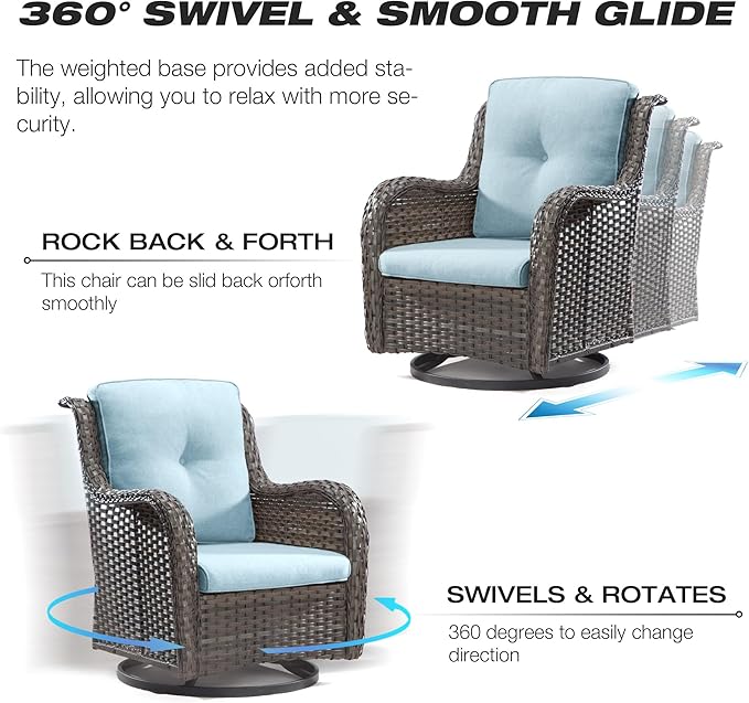 Joyside Outdoor Swivel Rocker Patio Chairs Set of 2 and Matching Side Table - 3 Piece Wicker Patio Bistro Set with Premium & Soft Fabric Cushions(Mixed Grey/Aqua)
