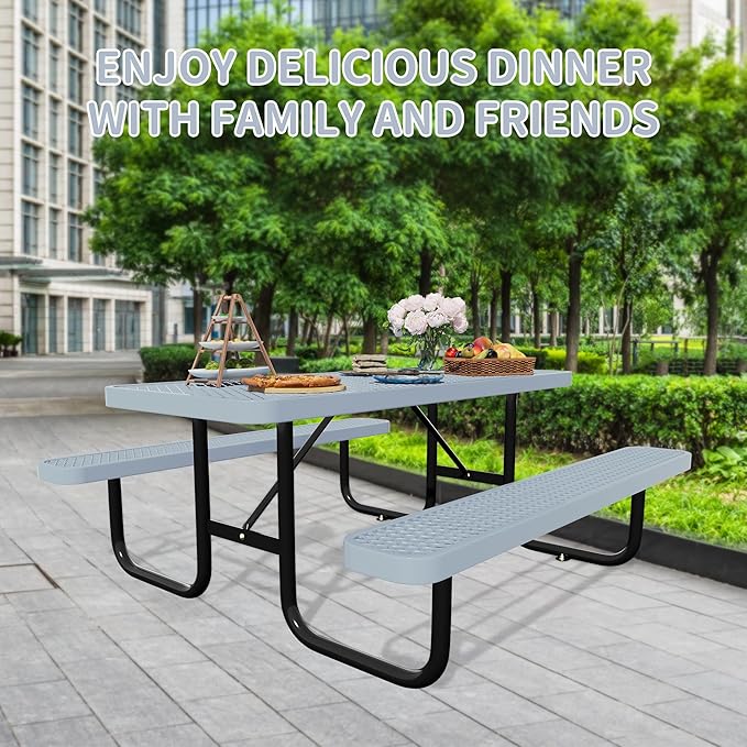 72'' Rectangular Steel Picnic Table for Outdoors,Commercial Metal Picnic Table Bench Set with Umbrella Hole,School Canteen Table W/Seats - Heavy Duty Sturdy Picnic Tables Furniture for Patio Garden