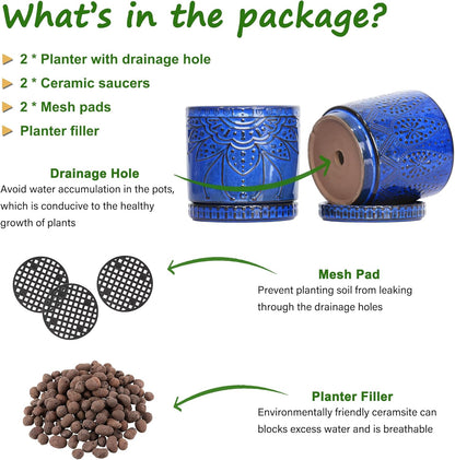 Ceramic Pots for Indoor Plants with Drainage Holes and Saucers, Ceramic Planter for Plants, Flower Pot - Set of 2