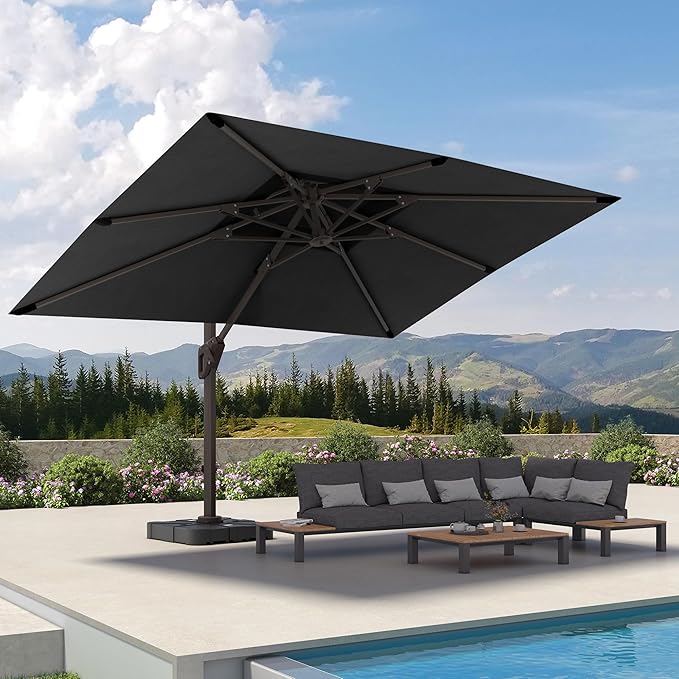 9' X 12' Cantilever Patio Umbrella with Base Included 360°Rotation Rectangular Outdoor Large Offset Umbrellas Double Top Heavy Duty Windproof for Garden Deck Pool, Grey