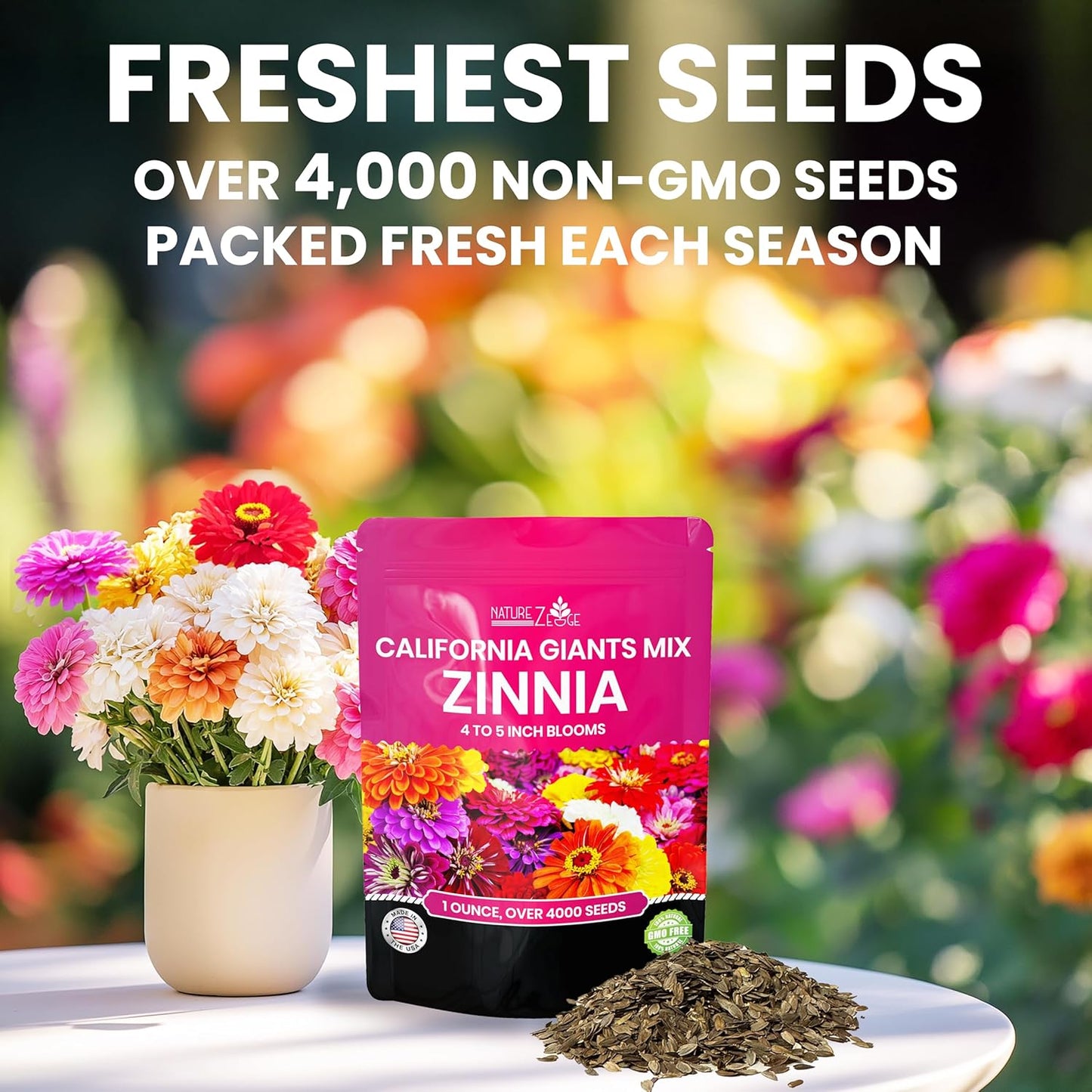 NatureZ Edge Zinnia Seeds for Planting Outdoors – California Giants Flower Seeds, Bulk Semillas de Flores para Sembrar, 1 Oz