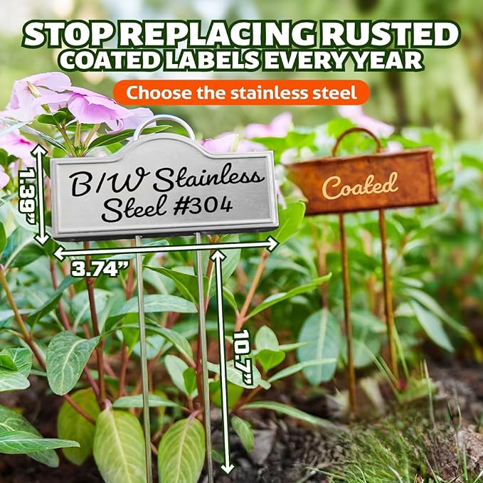 Stainless Steel 304 Plant Labels for Garden Outdoor | Metal Plant Markers Waterproof for Vegetables Herb Seedlings Flowers with 2 Pens | 25 Pack | Label Area 3.74'' x 1.39'' Height 10.75 Inch | Silver