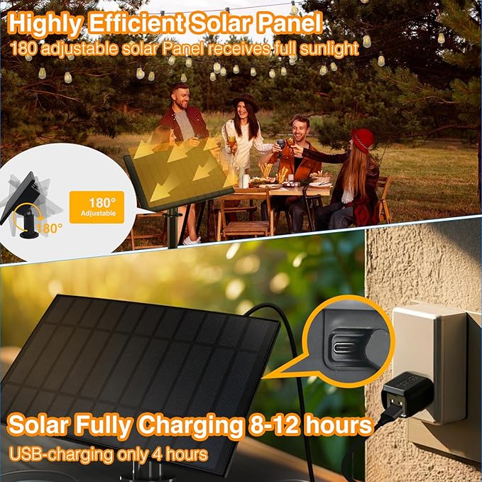 DAYBETTER 100ft Solar String Lights Outdoor Waterproof 50 Bulbs 2700K Warm White Outdoor String Lights Solar Powered 5W Solar Panel, 12+ Hours Runtime Luces solares automáticas