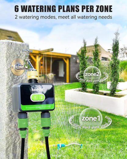 RAINPOINT Bluetooth Water Timer for Garden Hose, Smart Hose Timer 2 Outlet(Not Hub), Wireless Sprinkler Watering Timer with Rain Delay, Automatic Irrigation System for Lawns and Yard