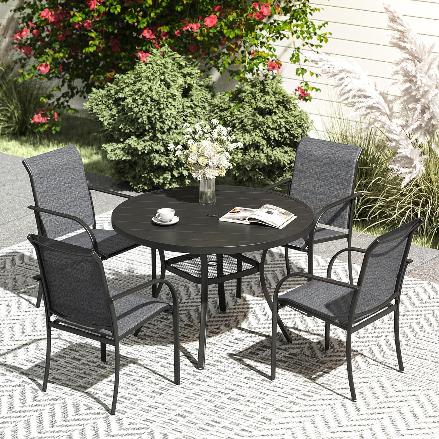 VICLLAX 5 Pieces Patio Dining Set, Outdoor Furniture Set Includes 41.2" Round Patio Table and 4 Patio Sling Chairs, Black Tabletop and Dark Grey Fabric