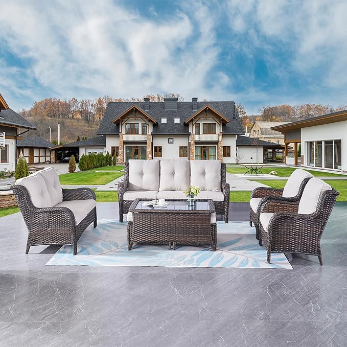 Outdoor Patio Furniture Sofa Set - 7 Piece Rattan Wicker Patio Sectional Conversation Sets with 1 Sofa,1 Loveseat,1 Coffee Table,2 Armrest Chairs and 2 Ottomans for Porch Deck Garden(Brown/Beige)