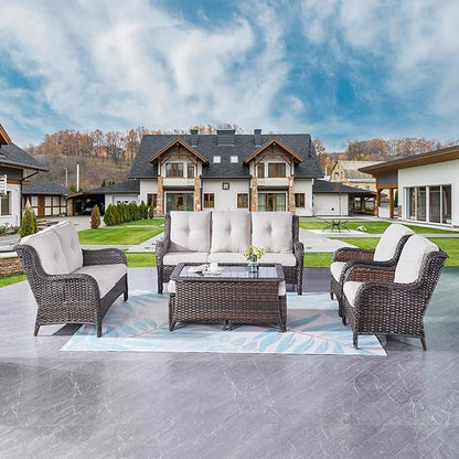 Outdoor Patio Furniture Sofa Set - 7 Piece Rattan Wicker Patio Sectional Conversation Sets with 1 Sofa,1 Loveseat,1 Coffee Table,2 Armrest Chairs and 2 Ottomans for Porch Deck Garden(Brown/Beige)