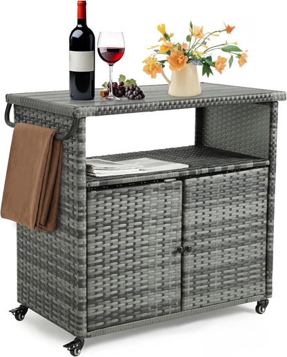 HOMEFUN Outdoor Grill Carts with Storage Cabinet - Outside Bar Cart with Wheels Wicker Patio Kitchen Island Table Weatherproof Prep Stand, Grey