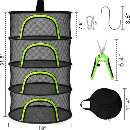 Herb Drying Rack Hanging Mesh 4 Layer 18" with Zipper, Garden Pruning Shear, Hook & Carabiner Clip for Drying Herbs, Plants, Seeds, Buds | Hydroponics & Grow Tents Herb Dryer Hanging Rack