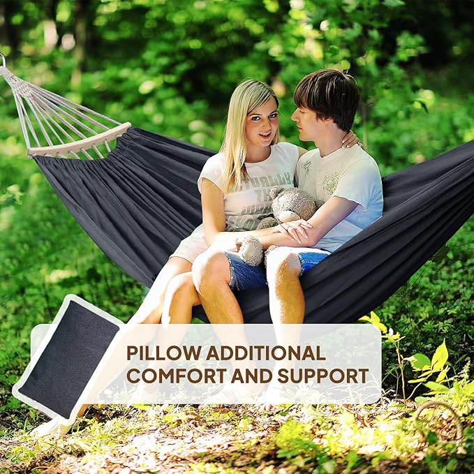 Chihee Cotton Hammock Large Soft Breathable Camping Hammock Holds Up to 660lbs Portable Tree Hammock with Detachable Spreader Bar Pillow 2 Strong Webbings 2 Carabiners Patio Garden Indoor Outdoor