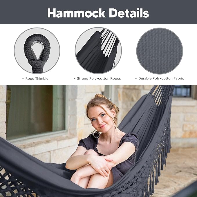 SUNCREAT Portable Outdoor Hammock with Stand Included, Double Hammock with Tassel for Outside, Dark Gray