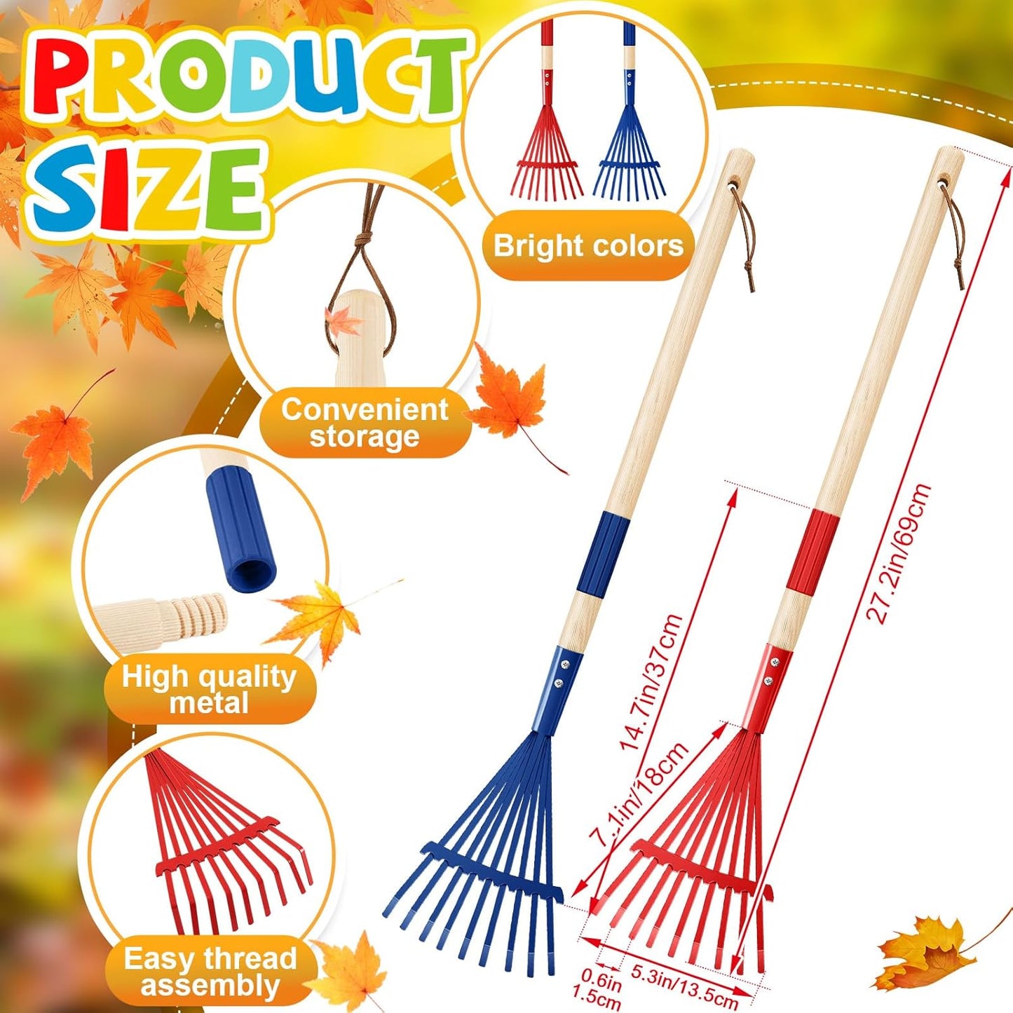 Suclain 2 Pcs Mini Rakes with Hardwood Handle Small Rake for Gardening Yard Tools Multicolor 28'' Mini Rake for Leaves Lightweight for Garden Leaf Tools