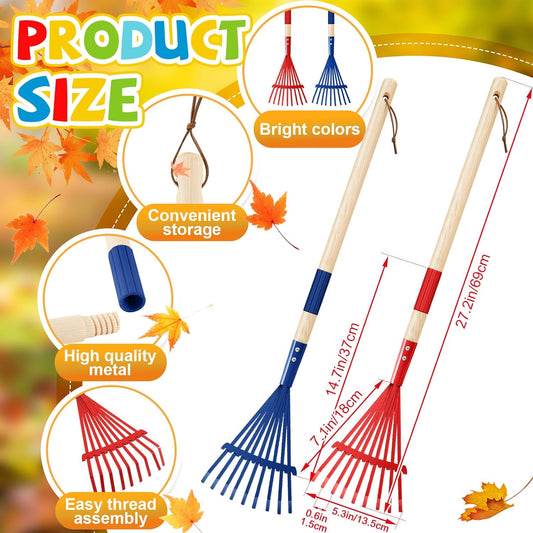 Suclain 2 Pcs Mini Rakes with Hardwood Handle Small Rake for Gardening Yard Tools Multicolor 28'' Mini Rake for Leaves Lightweight for Garden Leaf Tools