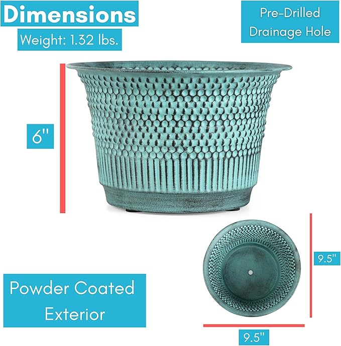 BIRDROCK HOME 2 Pack 9.5" Beaded Planter - Indoor or Outdoor Plant Flower - Flowers Plants Trees Porch Garden Pots - Rust and Weather Resistant - Faux Patina