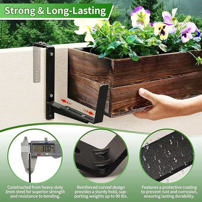 Heavy Duty Adjustable Window Box Brackets - Iron Planter Box Hangers with Reinforced Bottom Support for Balcony, Fence, Railing, Garden - Rust-Proof & Sturdy Flower Pot Holders