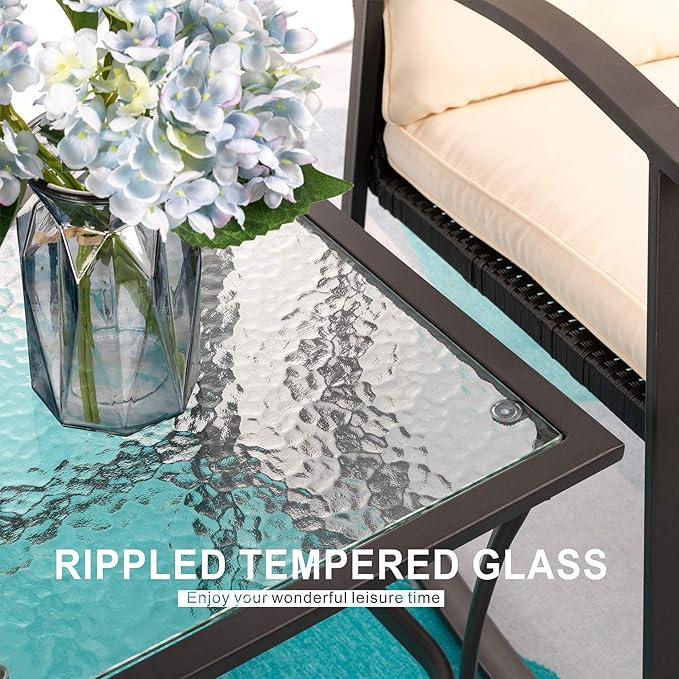 Vongrasig 3 Piece Outdoor Rocking Chair Set, PE Wicker Rattan Small Bistro Set, Front Porch Furniture Rocking Chairs Set of 2, Cushioned Patio Rocker Chair Set with Glass Table (Beige)