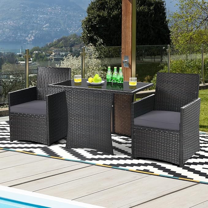 Tangkula 3 Pieces Patio Dining Set, Space-Saving PE Rattan Bistro Set with Tempered Glass Top Table and Cushioned Chairs, Outdoor Conversation Set for Garden Backyard Poolside Porch (Gray)