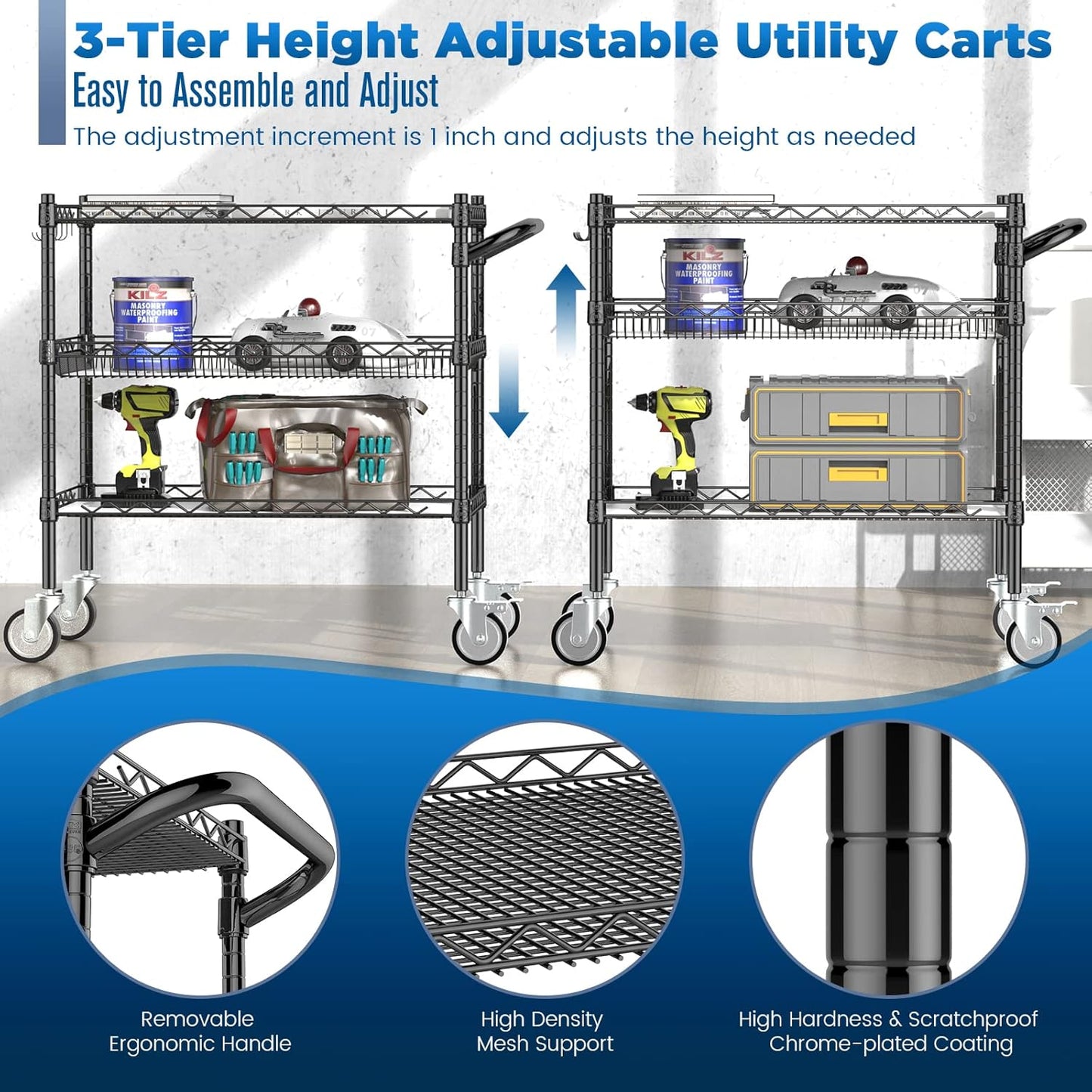 Leteuke 3 Tier Rolling Carts with Wheels,990Lbs Heavy Duty Rolling Utility Cart,NSF Commercial Grade Metal Cart with Handle&Shelf Liner,Trolley Serving Cart for Kitchen,Restaurant,Plant Display,Black