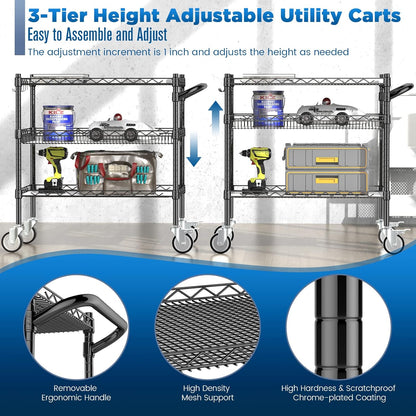 Leteuke 3 Tier Rolling Carts with Wheels,990Lbs Heavy Duty Rolling Utility Cart,NSF Commercial Grade Metal Cart with Handle&Shelf Liner,Trolley Serving Cart for Kitchen,Restaurant,Plant Display,Black