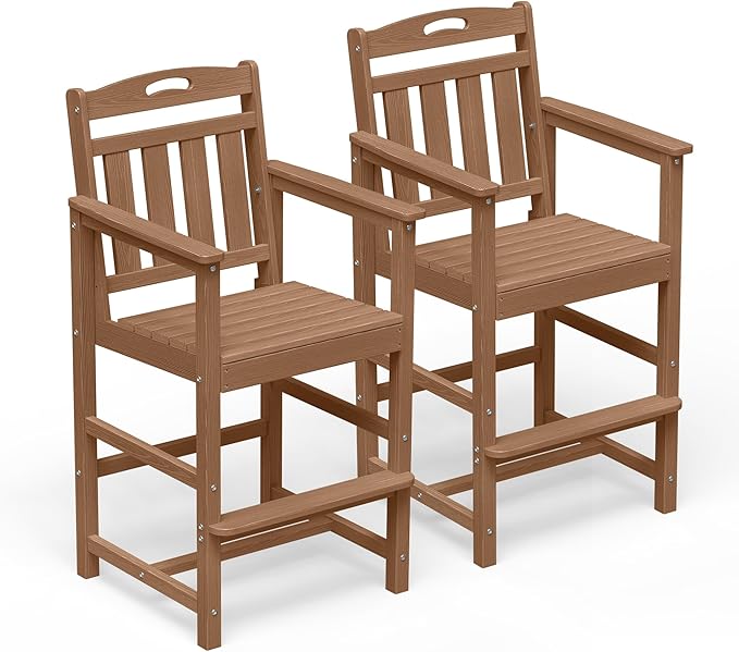 HDPE Outdoor Patio Tall Adirondack Bar Chairs Set of 2, All-Weather Bar Height Balcony Adirondack Stools for Bistro, Garden, Backyard, Pool, Deck | Teak